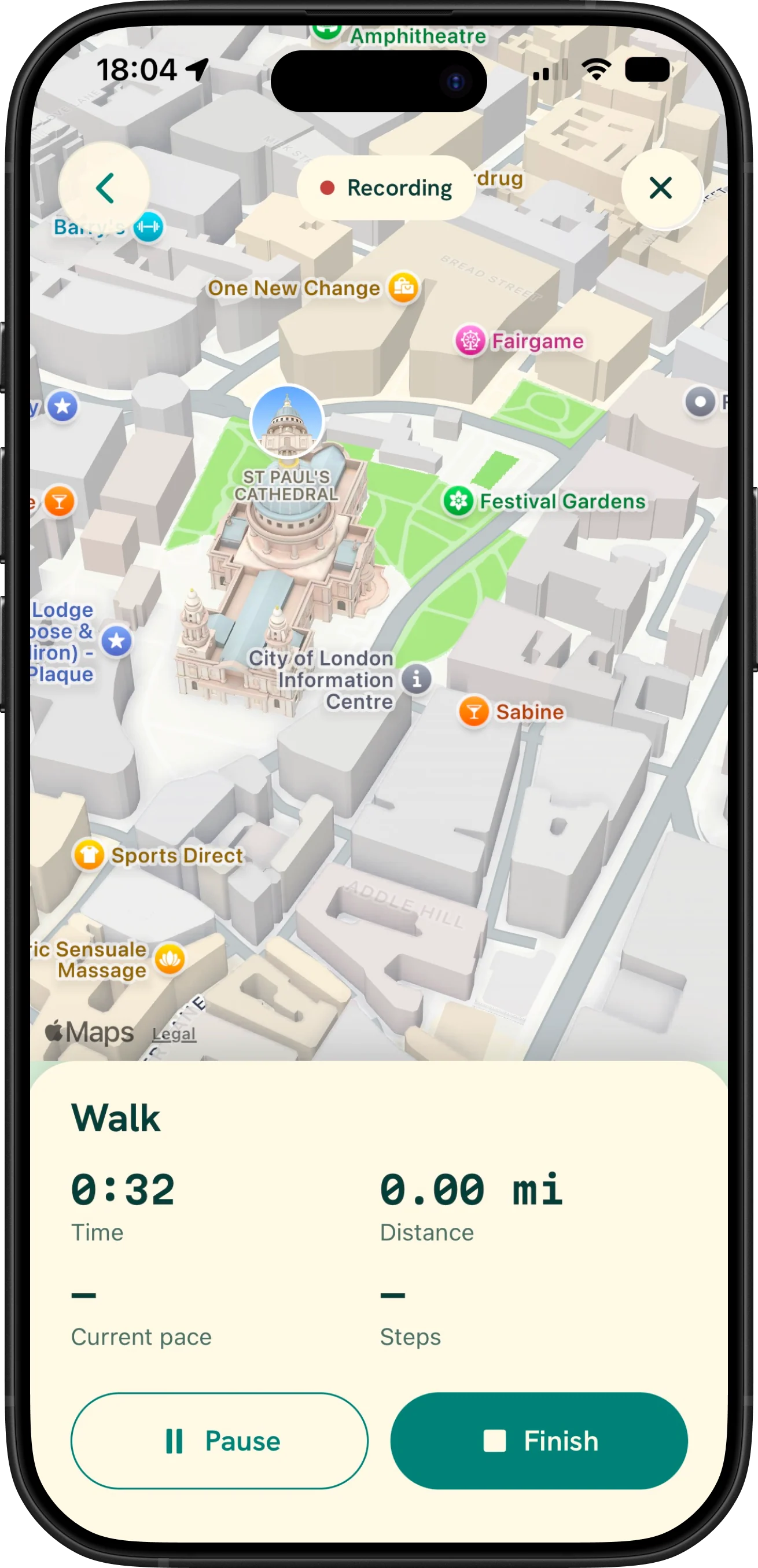 Fawnly recording an outdoor walk with an Apple Maps route, active time, distance, pace, steps, pause, and finish controls