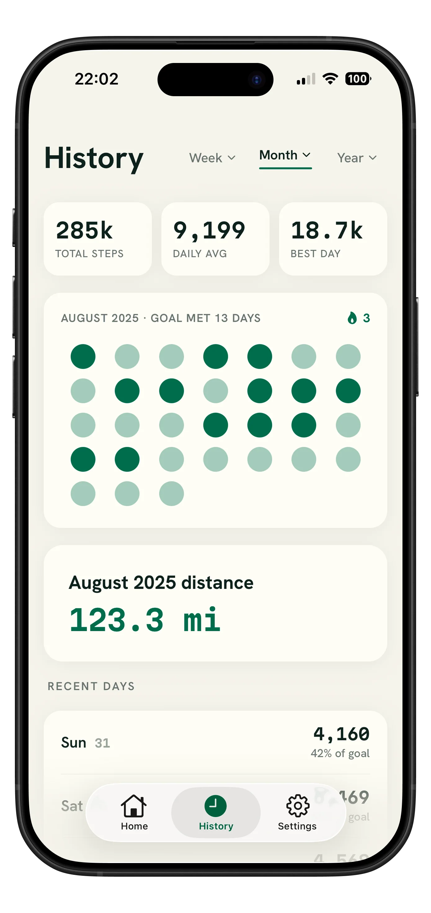 Fawnly Month history showing total steps, daily average, best day, goal streak, and distance