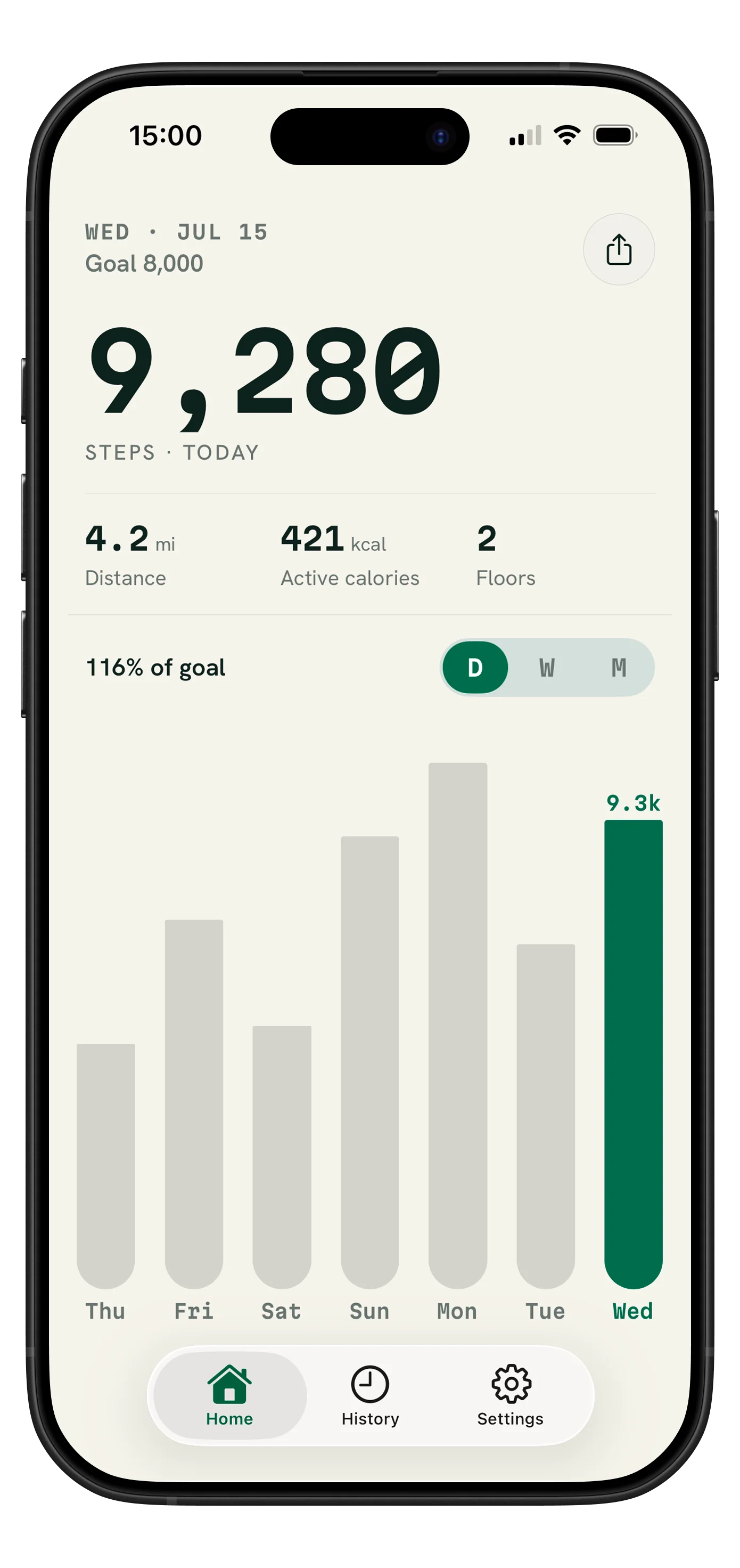Fawnly home screen showing 9,280 steps, distance, active calories, floors, daily goal progress, and a weekly chart