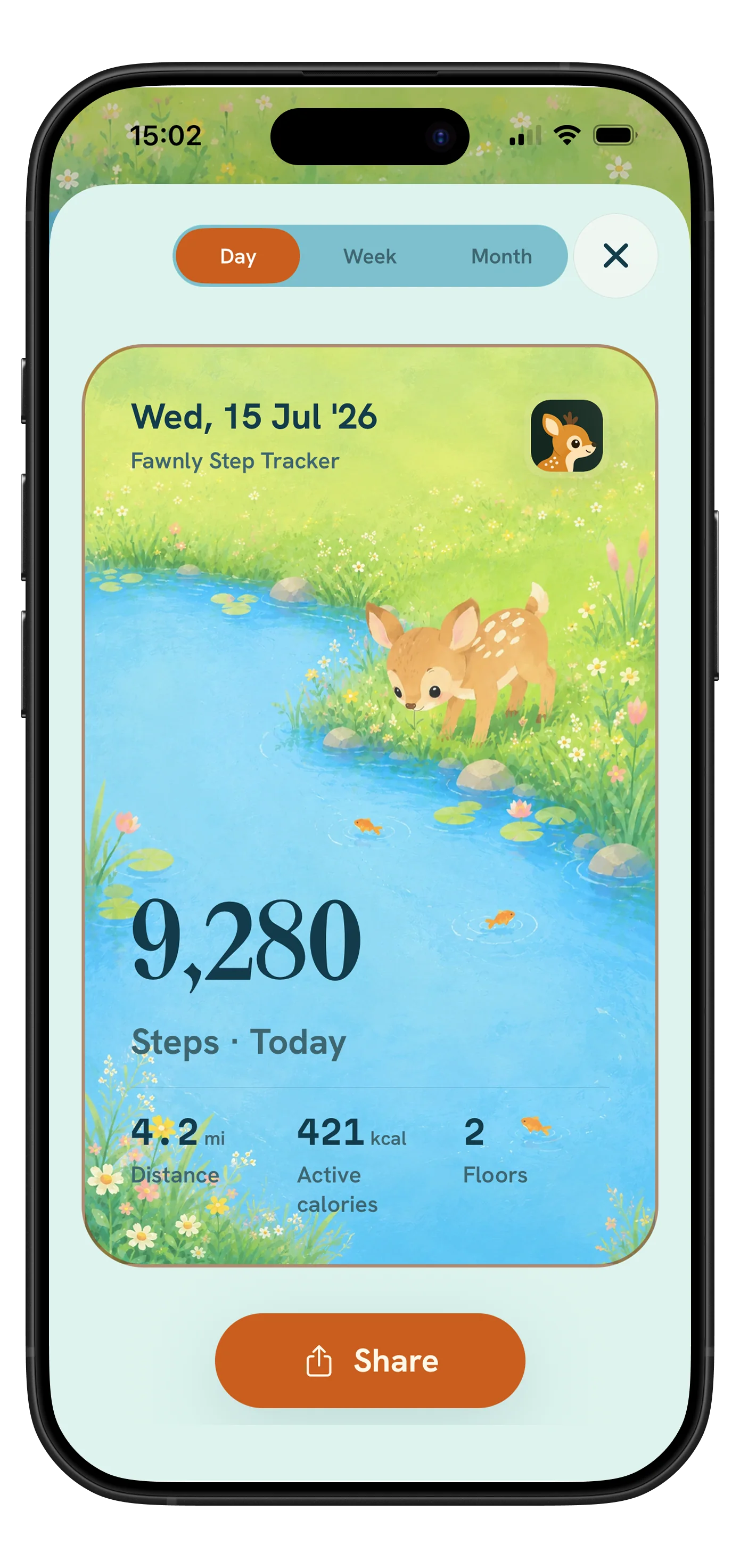 Fawnly share-card preview using the Fawn Pond illustrated theme